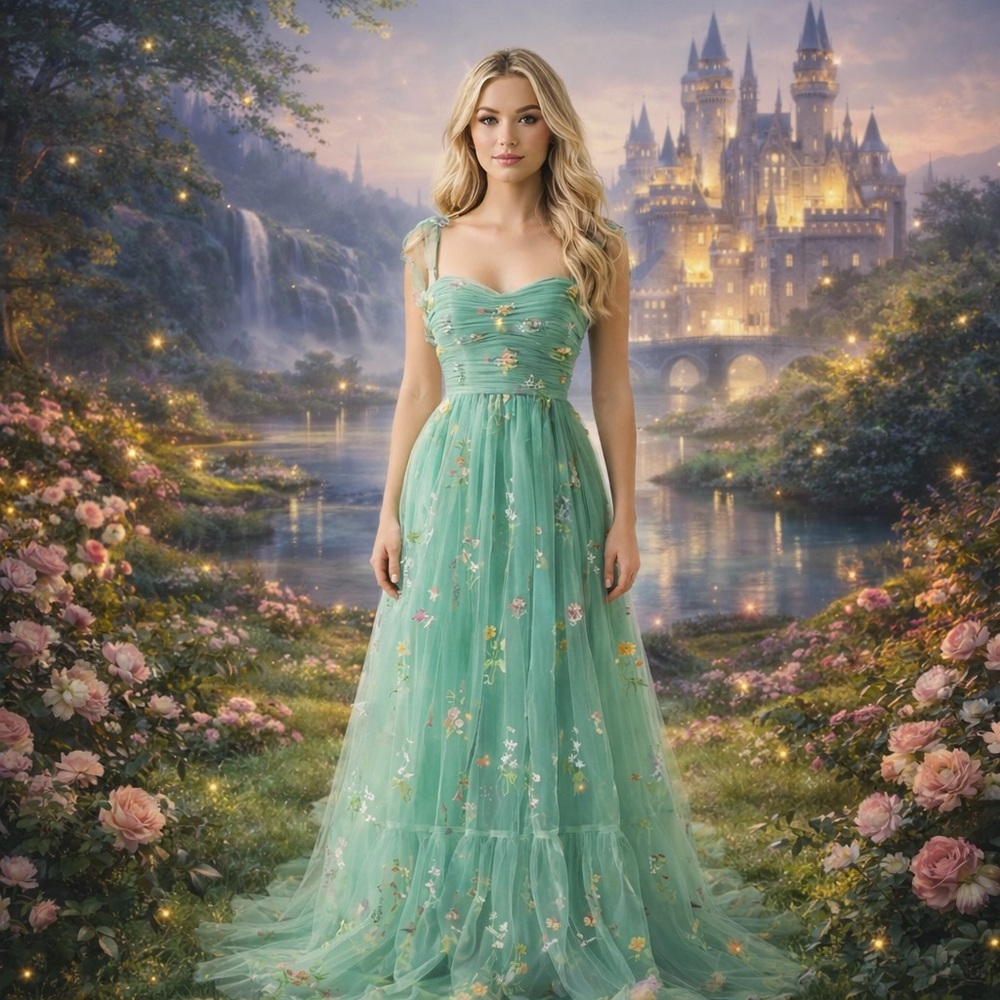 Ethereal Mint Green Floral Tulle Prom Dress